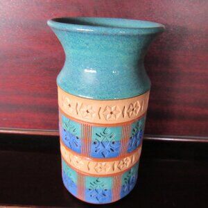 Beautiful Multi Color Textured Handmade Pottery Vase Signed